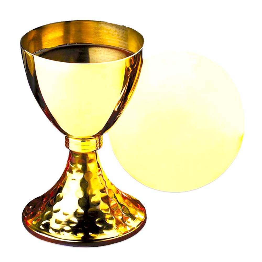 CHALICE & PATEN SUDBURY BRASS GOLD COMPACT WEDDING COMMUNION HAMMERED BASE 6.5”